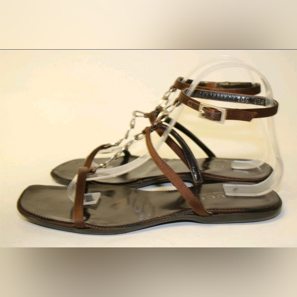 Gucci Sandals 7.5 Italy Made Brown Satin Chain Ankle Strap Shoes - Picture 9 of 14